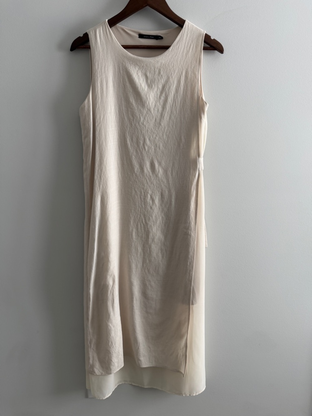 Doe & Rae Ivory Midi Dress‎ Sleeveless Sheer Hem Minimalist Shift Small - Picture 2 of 15